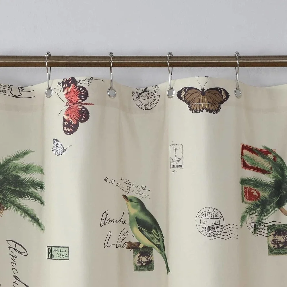 Terrasse Shower Curtain Waterproof Fabric Cardinal Butterfly Palm Trees Postage